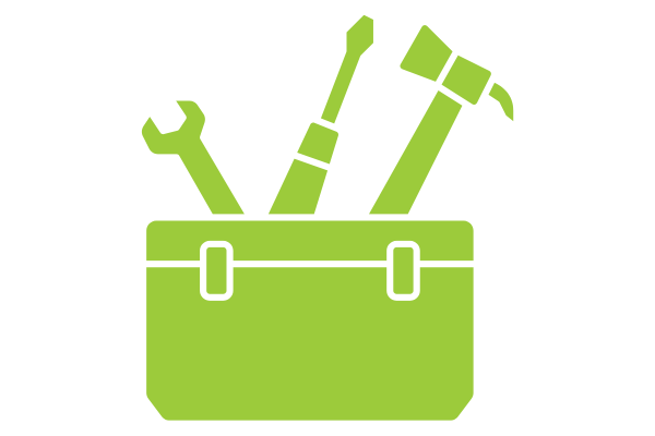 Drawing of a toolbox with a wrench, hammer and screwdriver.
