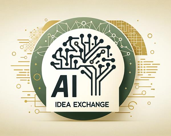 A graphic logo for ‘AI Idea Exchange’ featuring a stylized circuit tree, surrounded by circular layers of green and beige with abstract technological patterns.