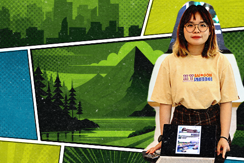 A girl in a yellow shirt smiles while holding a laptop