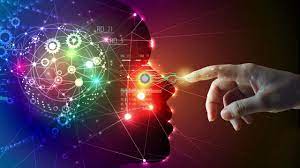 A digital illustration with an ominous finger touching a person figure made of technology