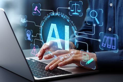 An illustration of AI working as someone types on a laptop